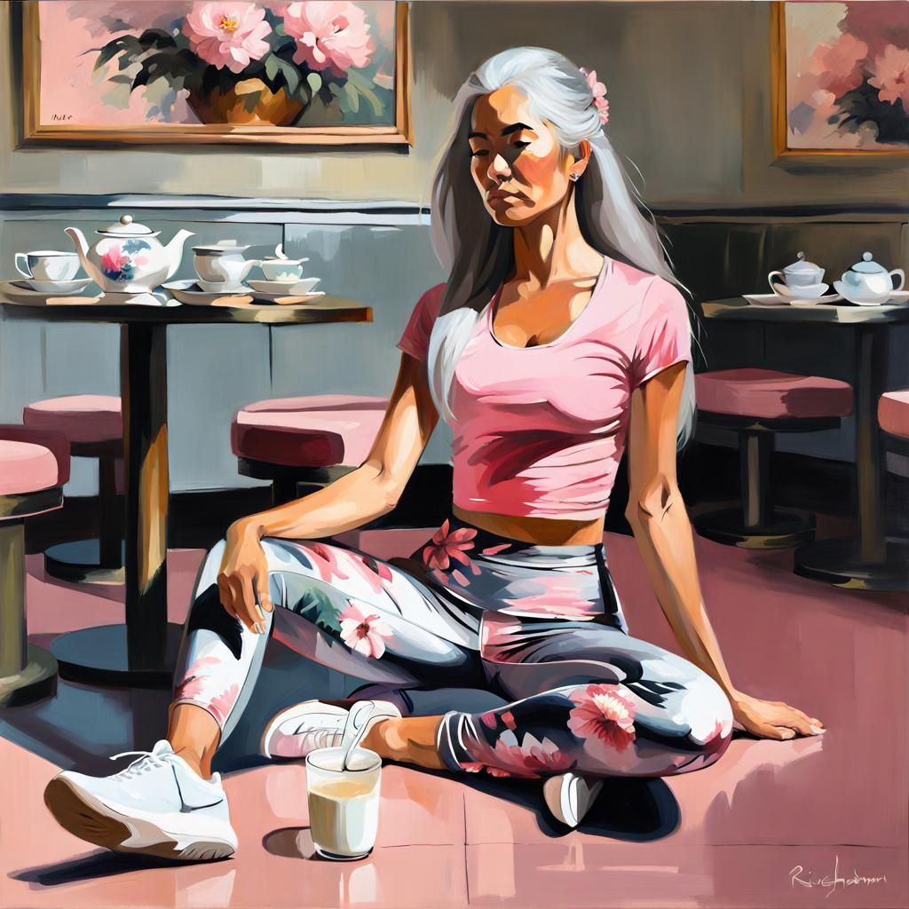 Grey-Haired Girl in Asian Tea Room, Impressionistic Style