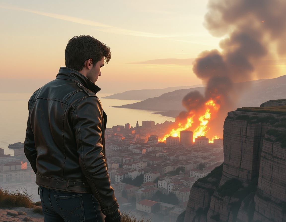 Dystopian Cliffside View of Burning Town