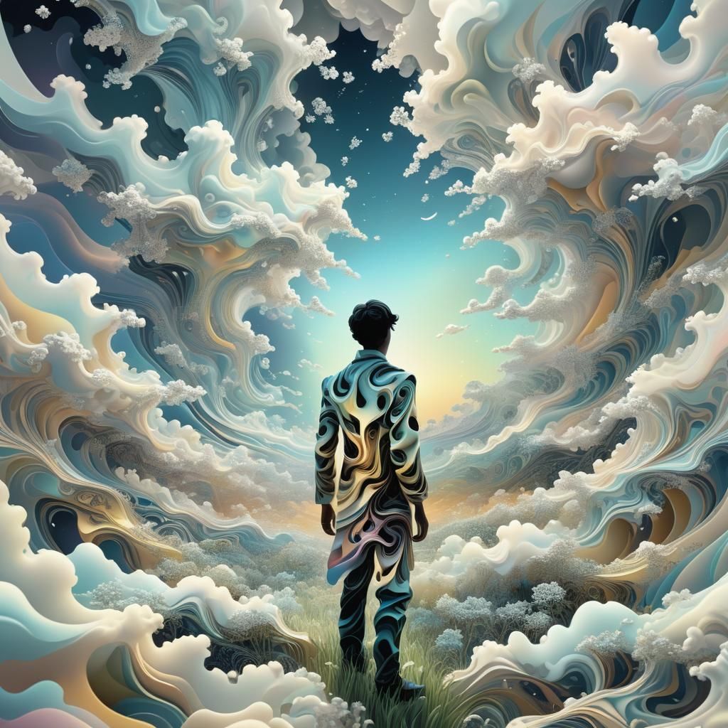 Dreamlike Figure in Vanilla Sky Fractal Clouds