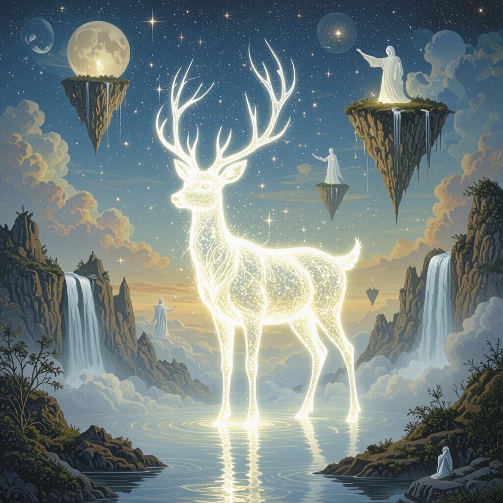 Luminous Deer in Dreamlike Celestial Landscape