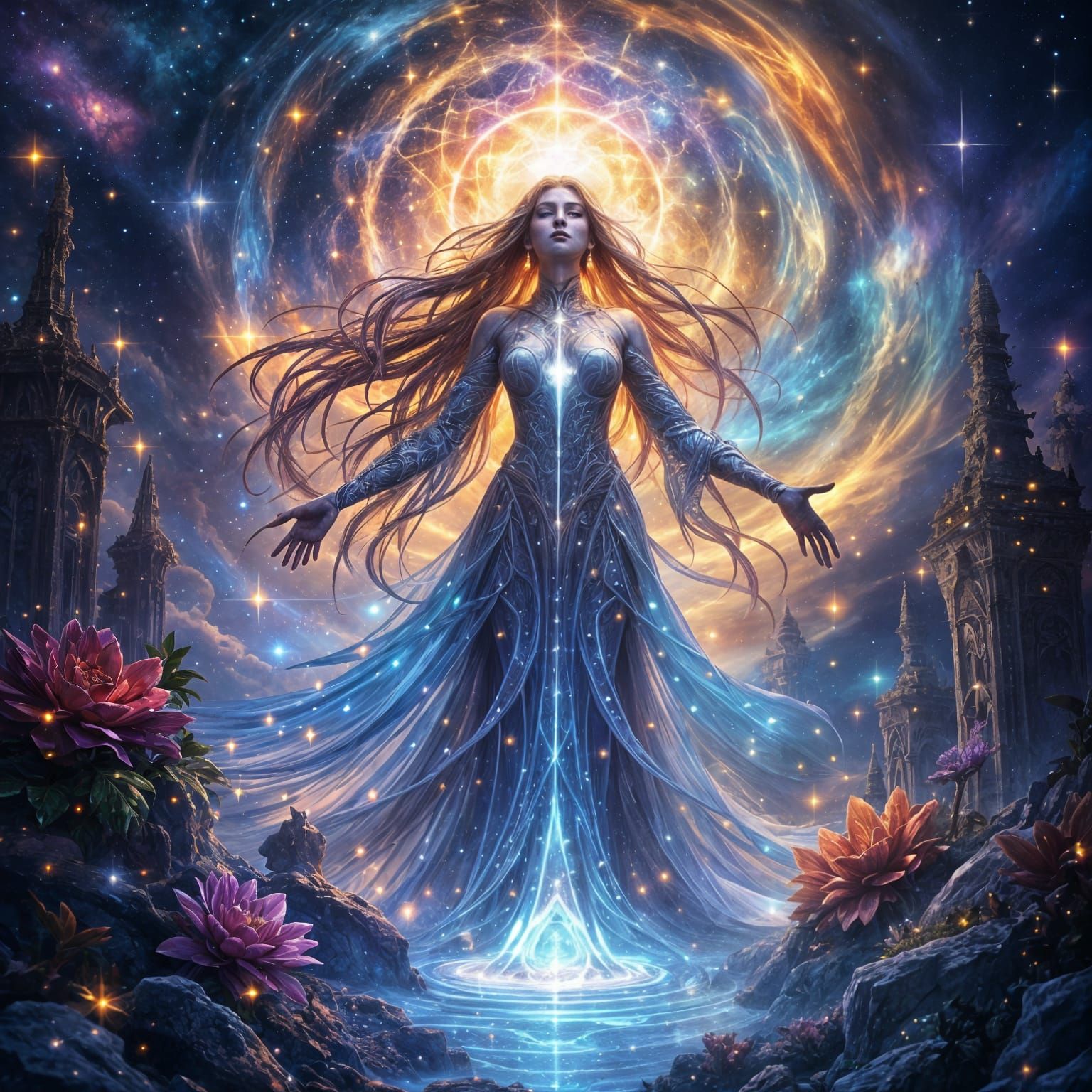 Cosmic Arturian Woman in Ethereal Fantasy Landscape