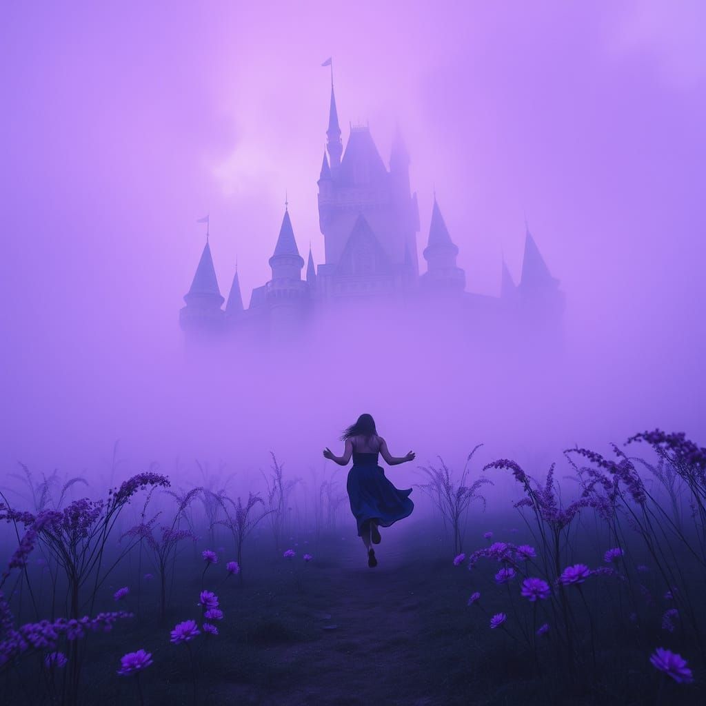 Woman Escapes Purple Fog in Dreamlike Landscape