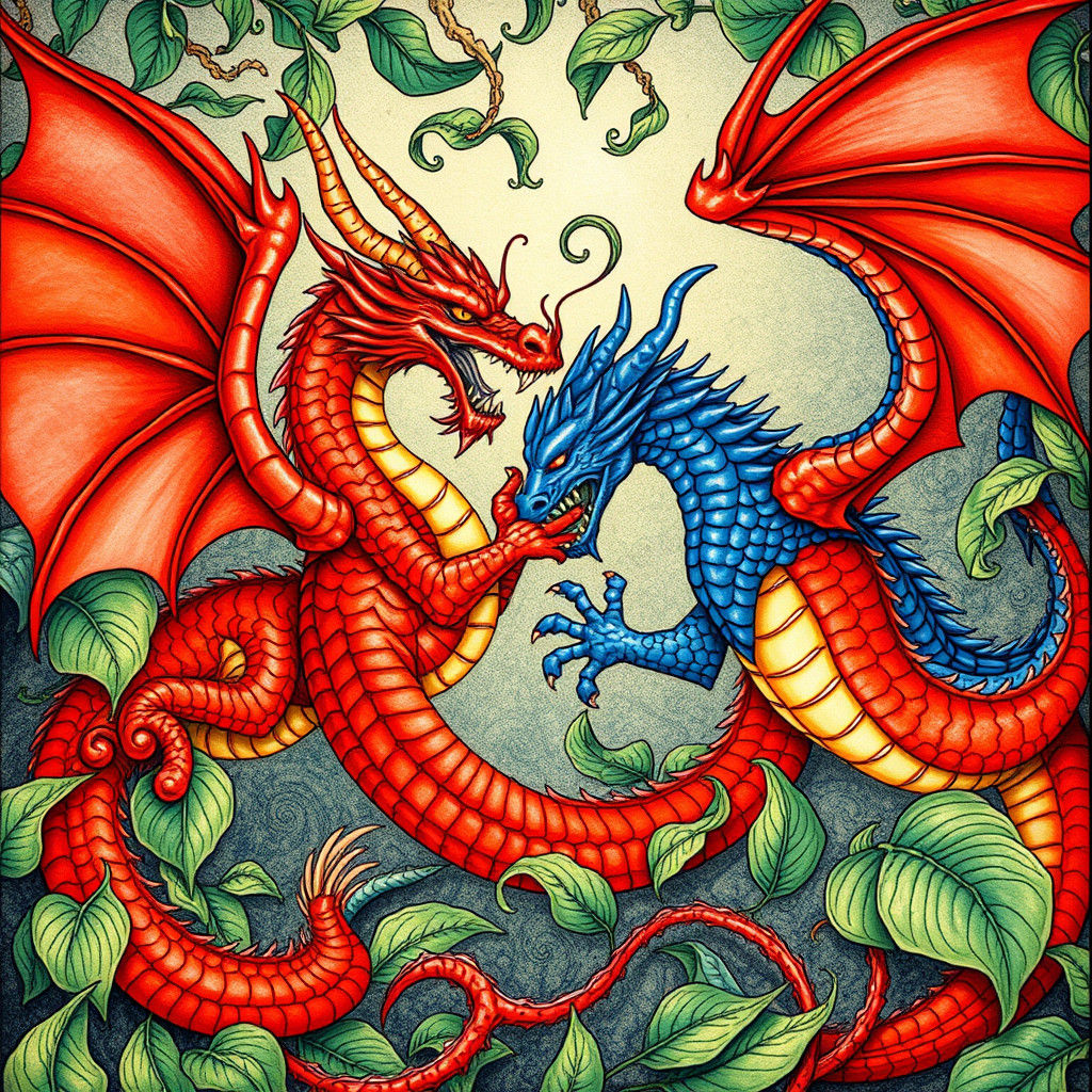 Red and Blue Dragons Clash in Illuminated Manuscript Style