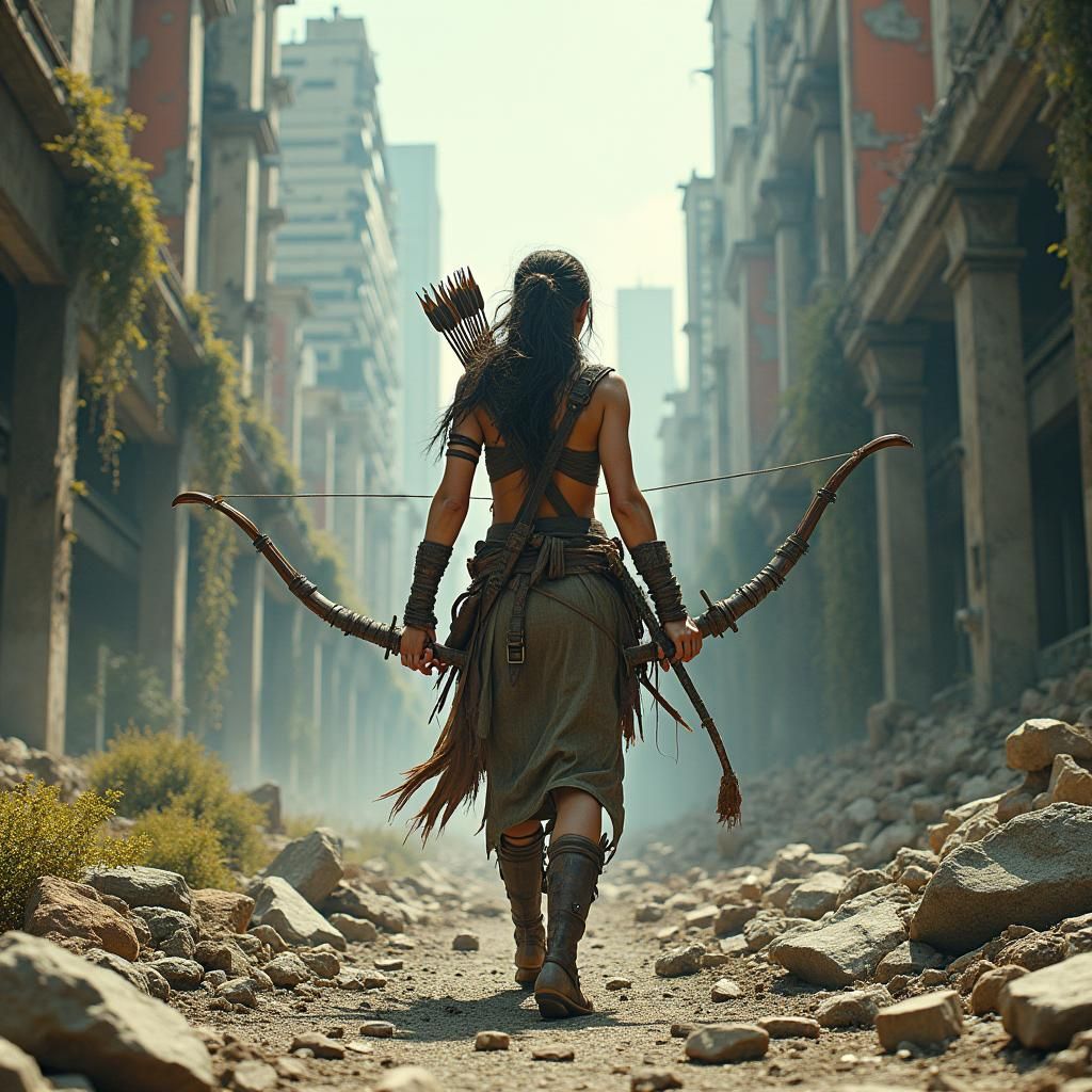 Post-Apocalyptic Archer in Desolate Cityscape