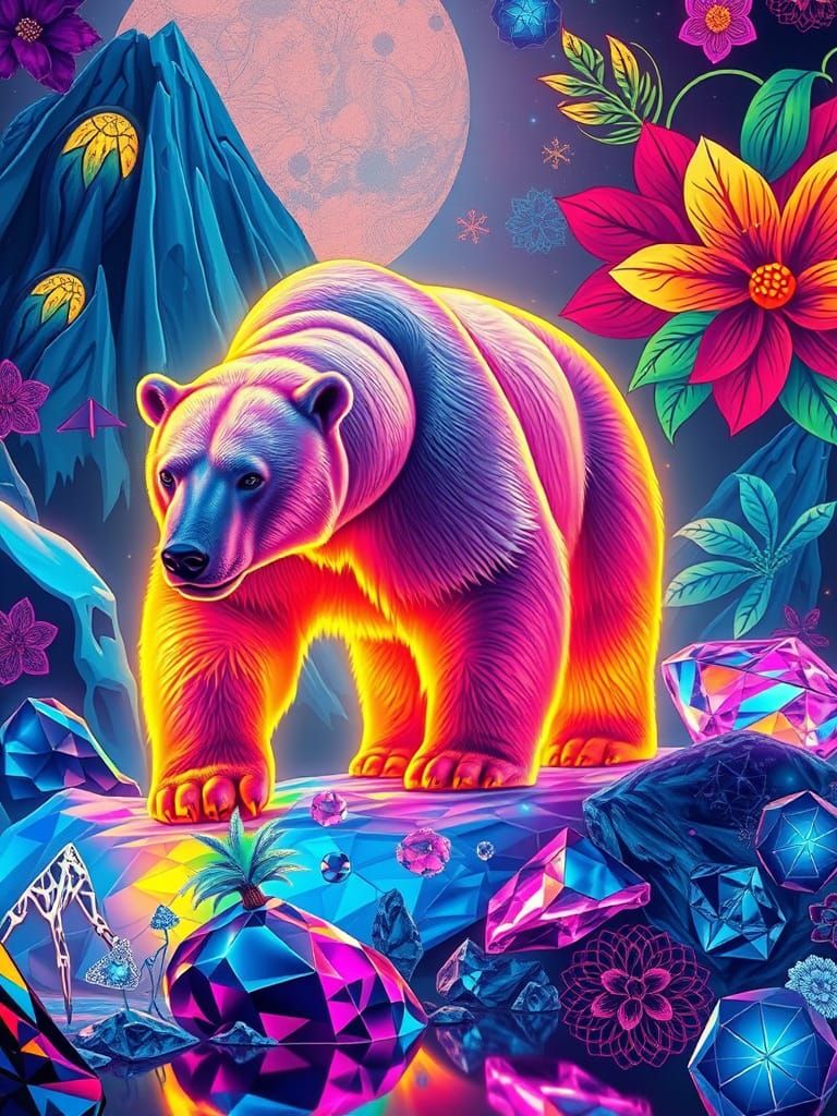 Bioluminescent Polar Bear on Rainbow Rocks