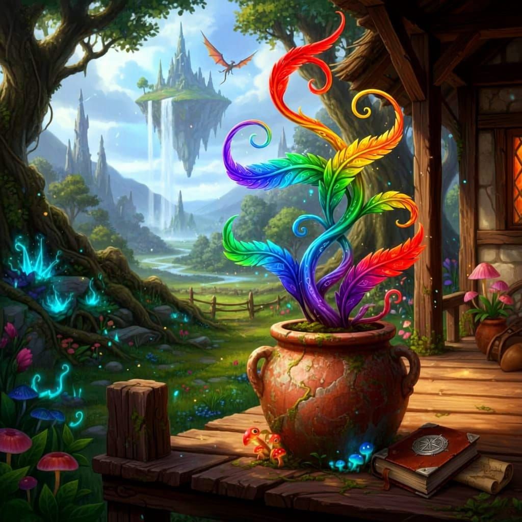 Fantasy Cottage Porch with Feather-Leaf Vine