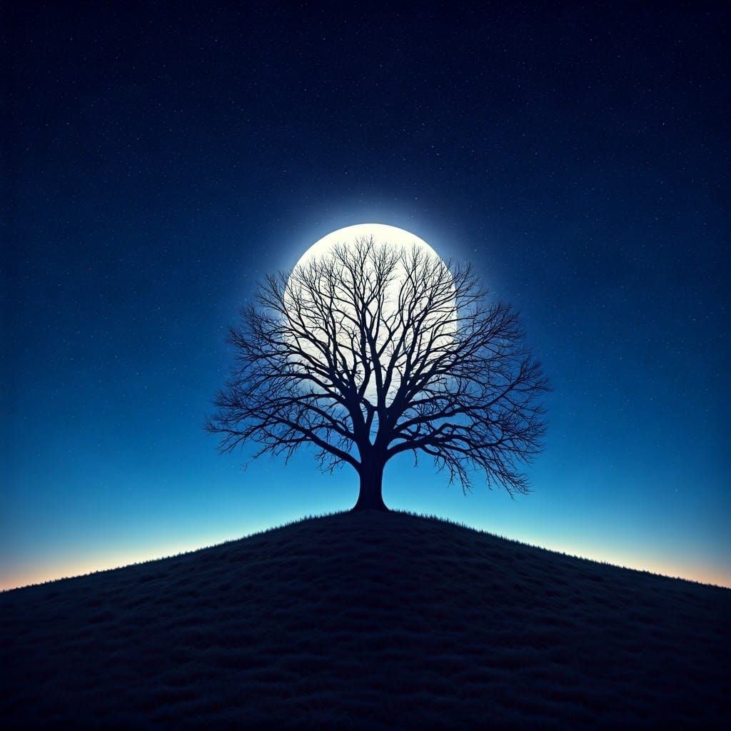 Tree Silhouette Against a Vibrant Full Moon