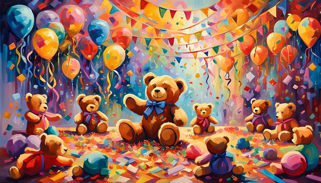 Vibrant Carnival Dreamworld Oil Painting with Teddy Bears
