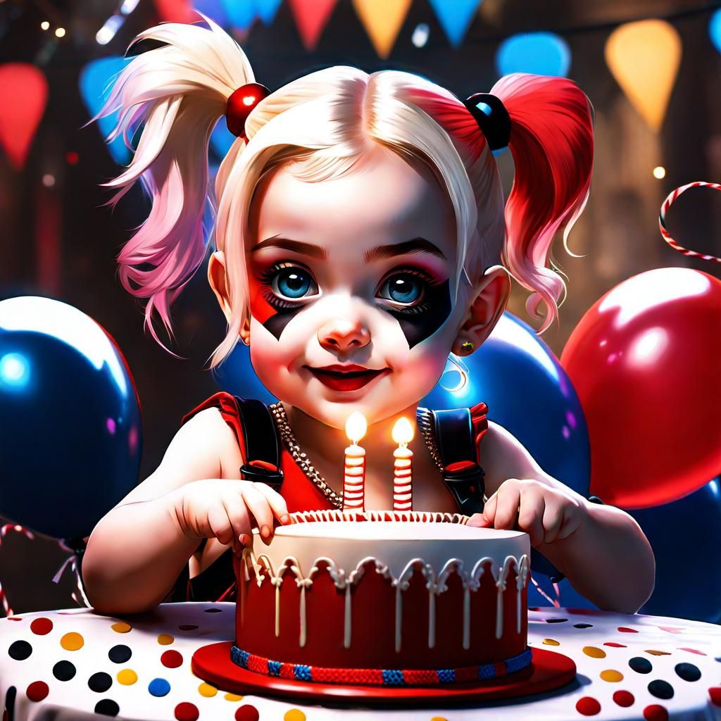 A whimsical adorable cute baby Harley Quinn at a birthday party, she is looking at the camera, soft lighting, sharp focu...