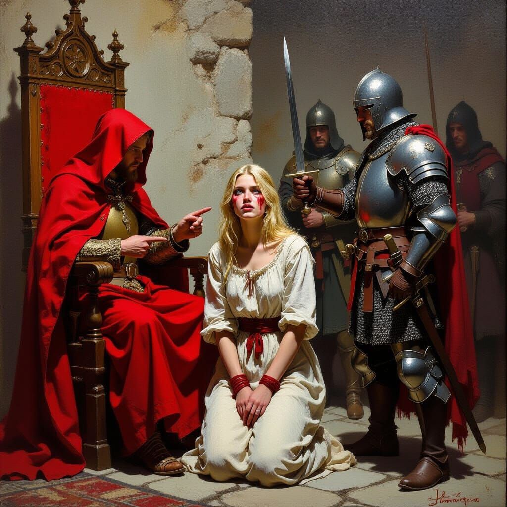 Impressionist Medieval Scene: Knight Defends Accused Woman