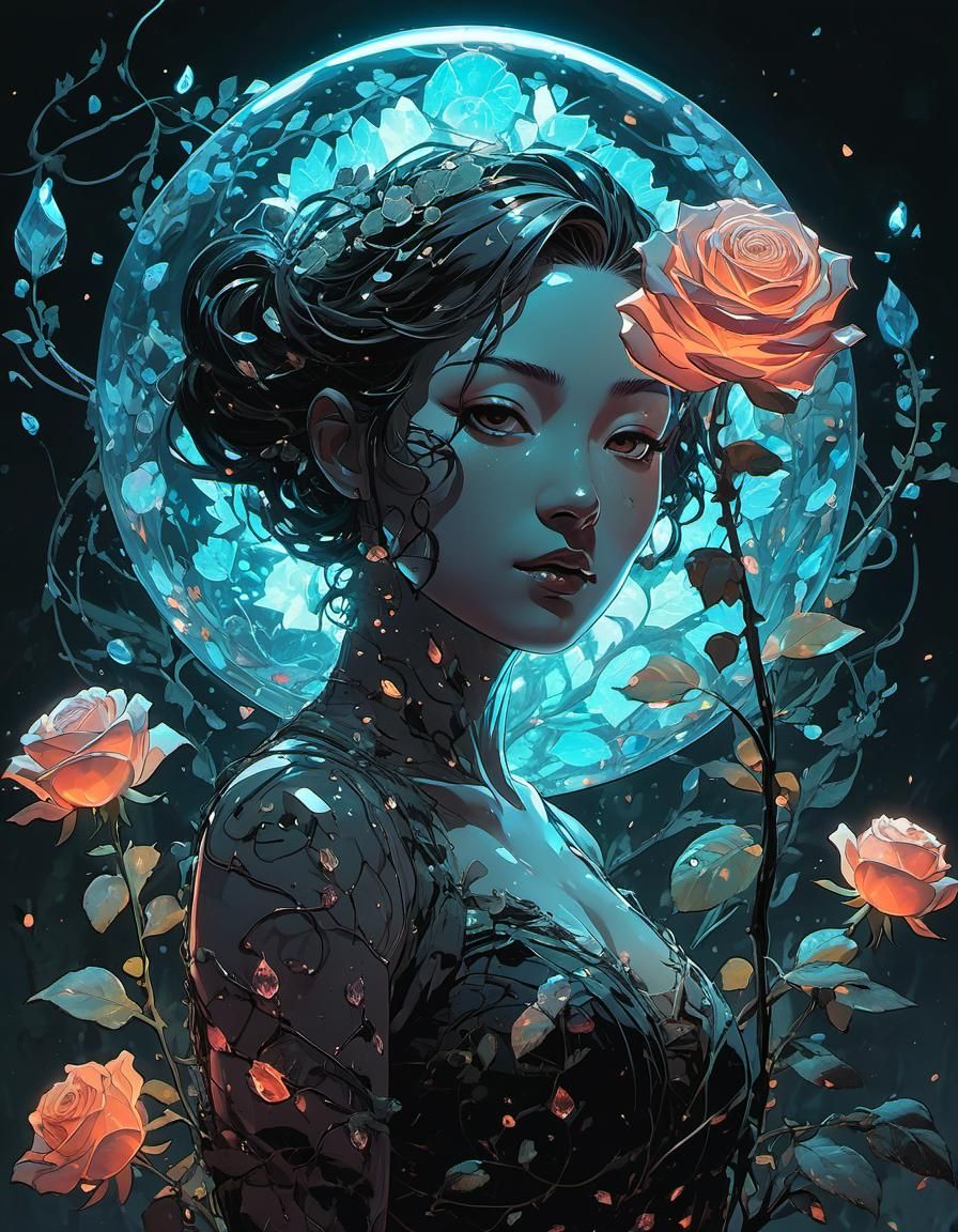 Crystal Rose Woman Casting Magic in Anime Style