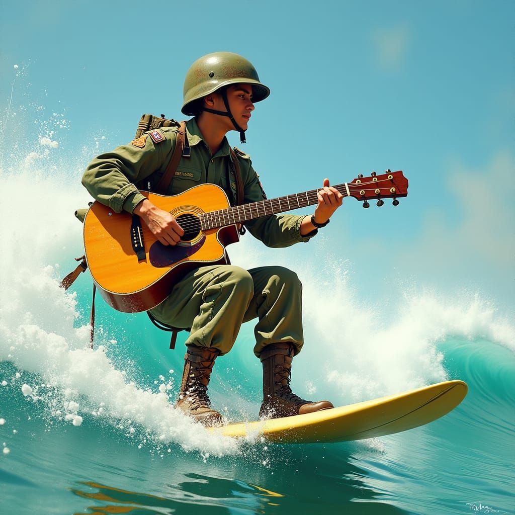 Soldier Surfing and Playing Guitar in Surreal Style