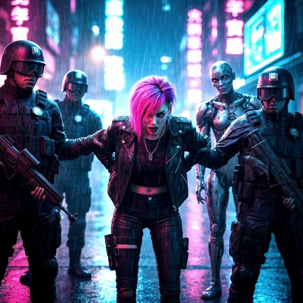 Cyberpunk Arrest Scene with Punk Girl and Cops