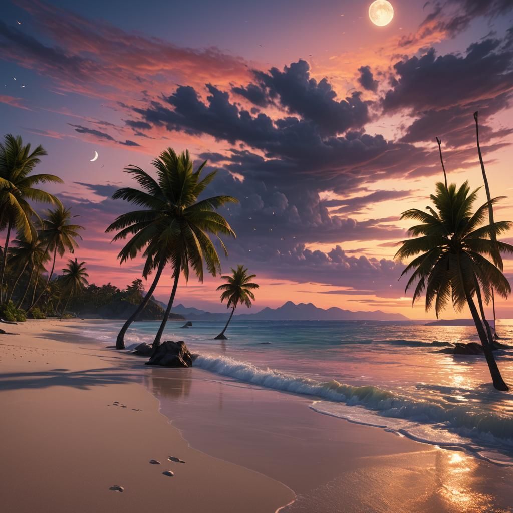 Vibrant Beach Sunset with Sun and Moon, Digital Art