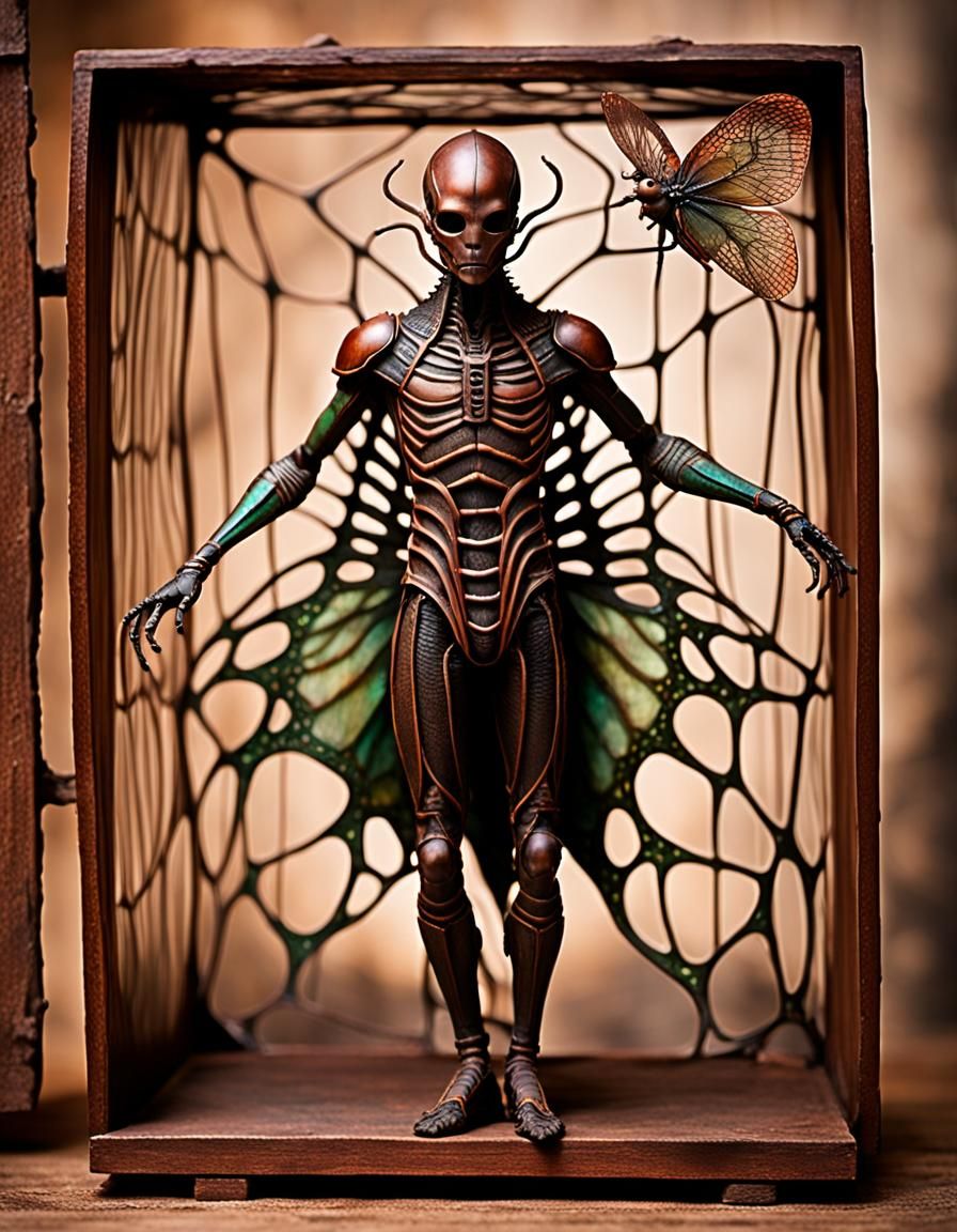 Insectile Dancer Emerges from Mahogany Box