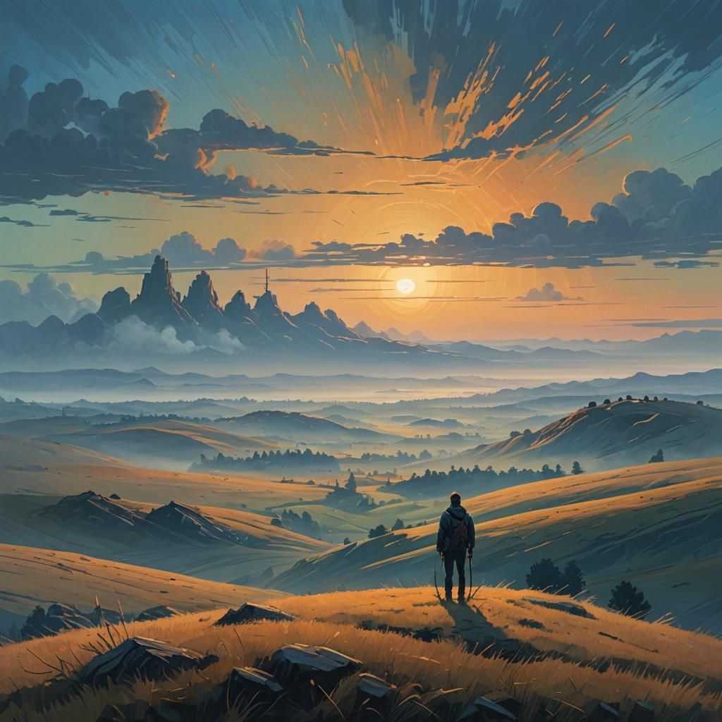 Ethereal Hilltop Vista at Dawn: Fantasy Concept Art