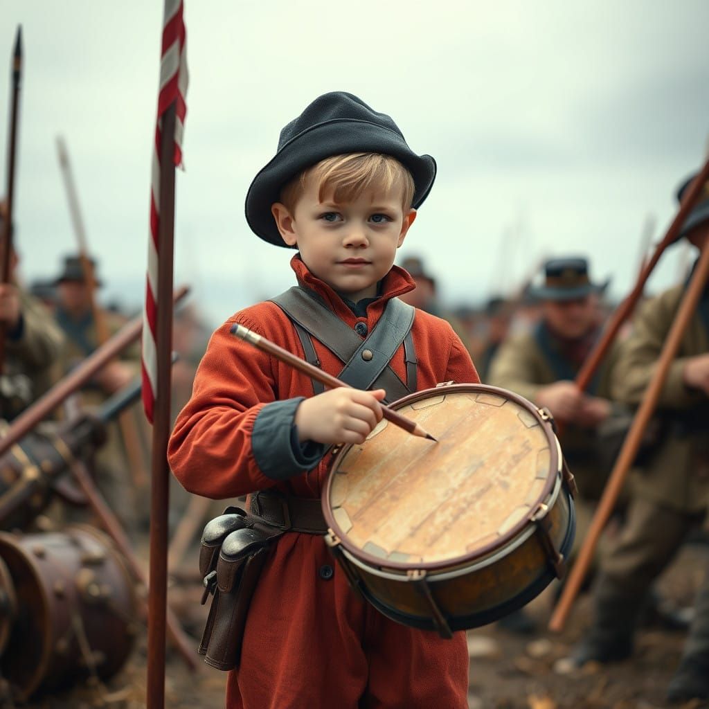 Civil War Drummer Boy in the Midst of Battle