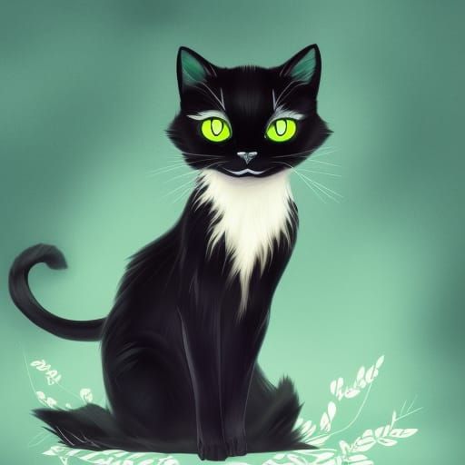 Anime Black Cat with Green Eyes on Windowsill