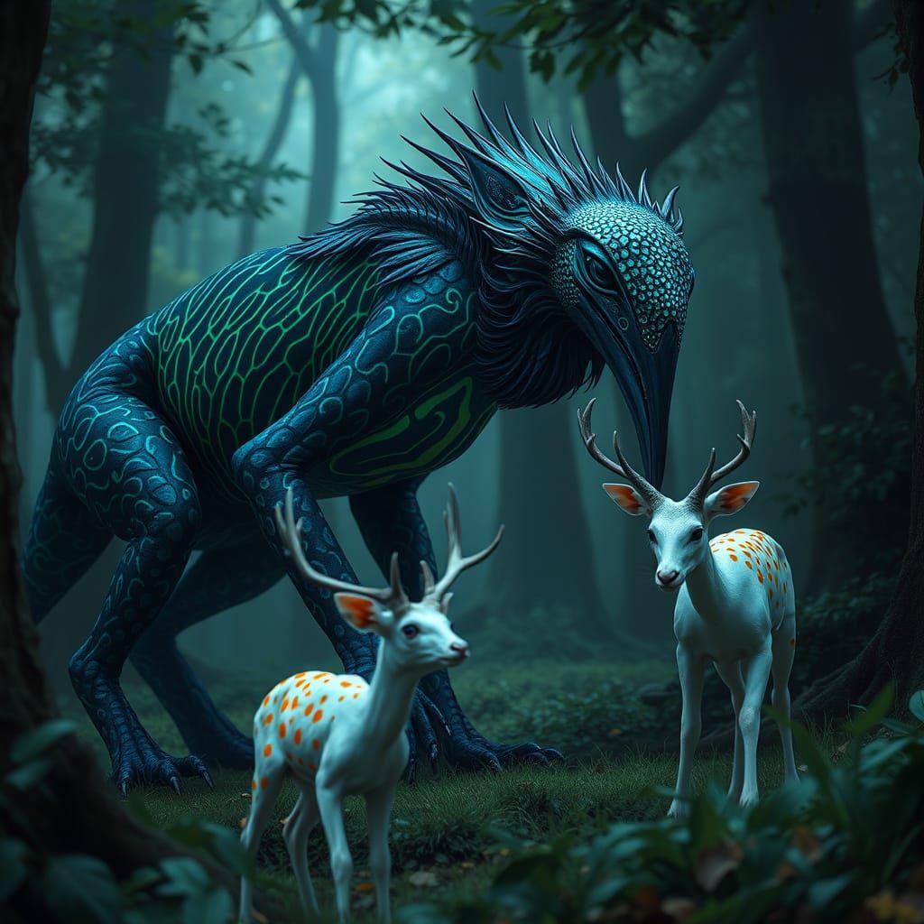 Mystical Cheetibis Stalks Serene White Deer in Lush Forest