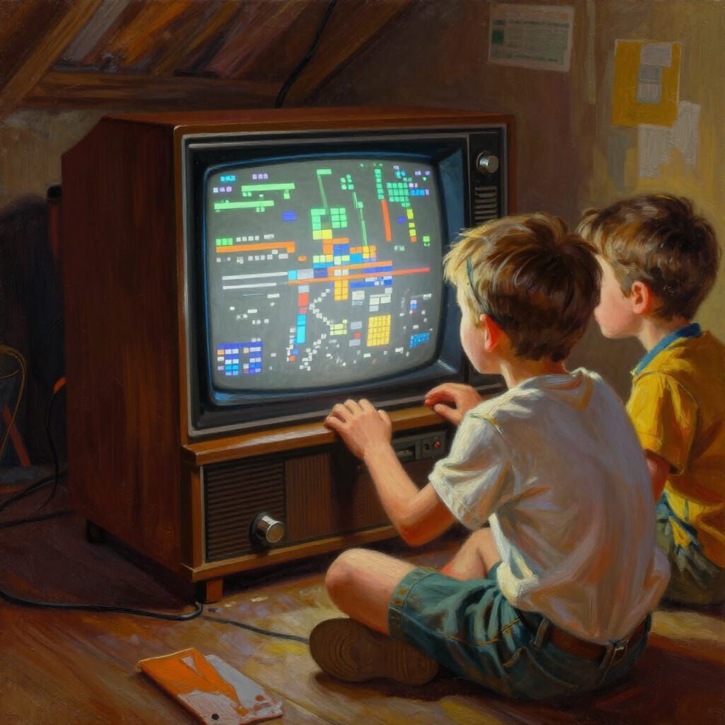 Brothers Play Atari in 80s Basement Oil Painting