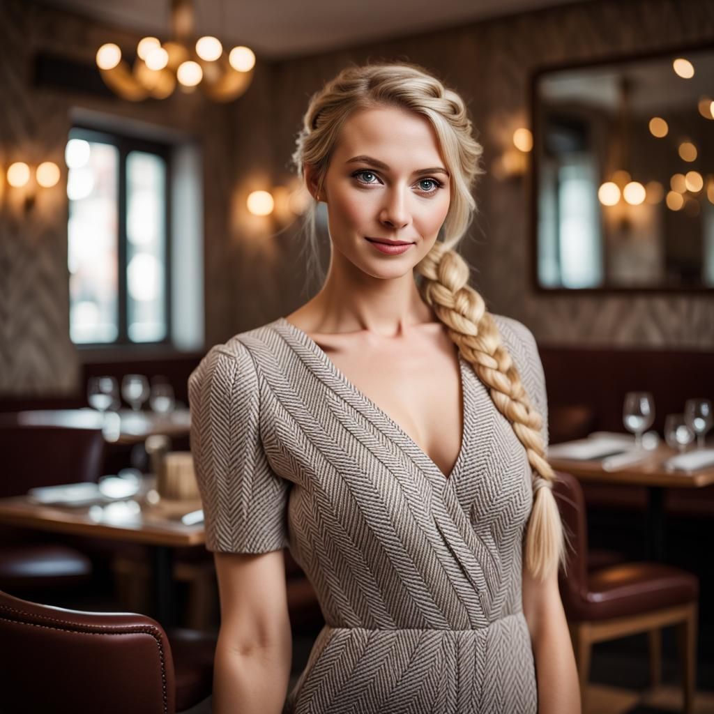 Blonde Woman with Braids in Kraków Restaurant