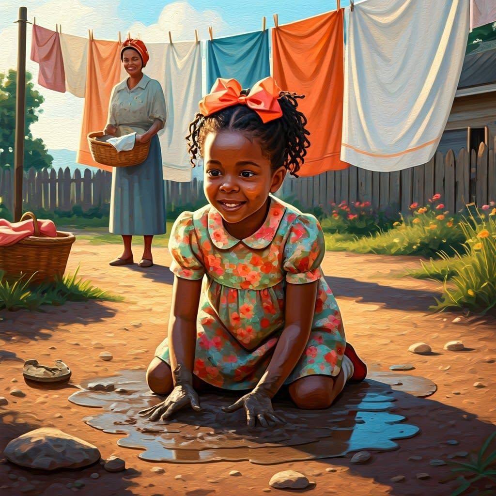 Joyful Girl Making Mud Pies, Oil on Canvas