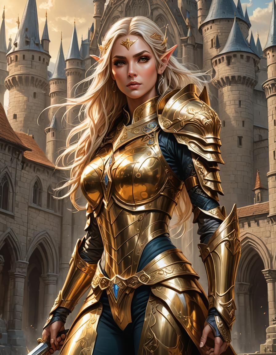 Epic Elf Paladin in Golden Armor Illustration