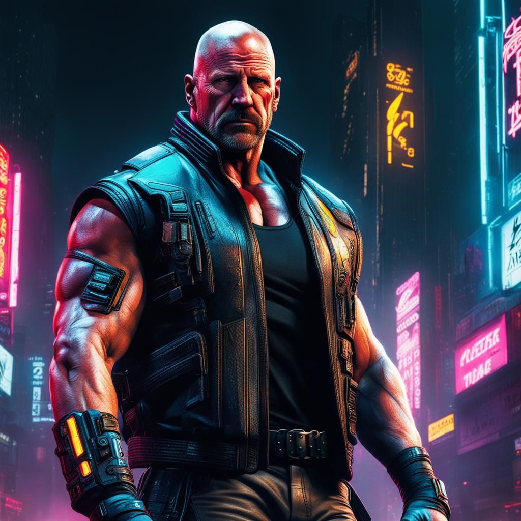 Cyberpunk Wrestler in Neon Cityscape