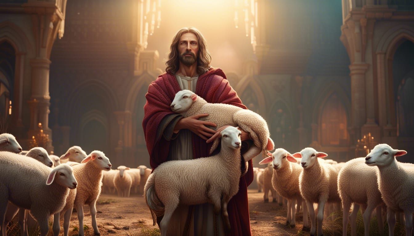 Jesus Holding Lamb: Detailed Matte Painting