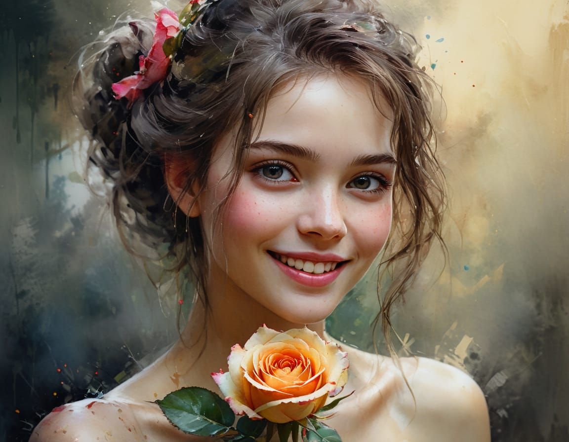 Gentle Woman Holding a Rose in a Whimsical Watercolor Portra...