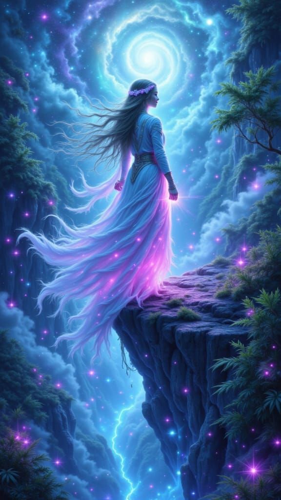 Adventurer's Neon Leap of Faith in Cyberpunk Style