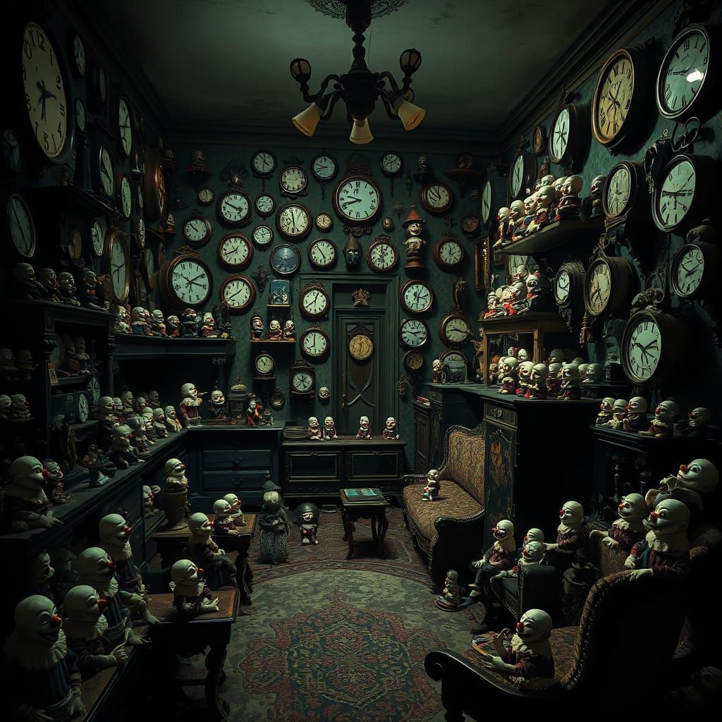 Haunted Mansion Room Filled With Unsettling Clocks and Clown...