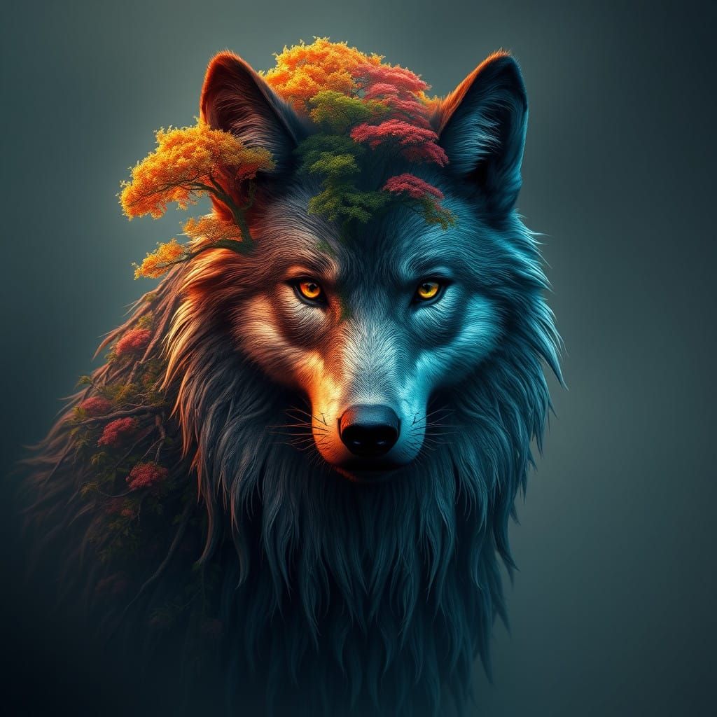 Fantasy Wolf with Trees Growing from its Fur in a Detailed M...