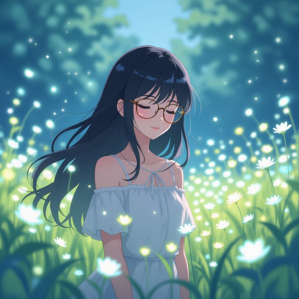 Anime Girl Meditating in Bioluminescent Flower Field