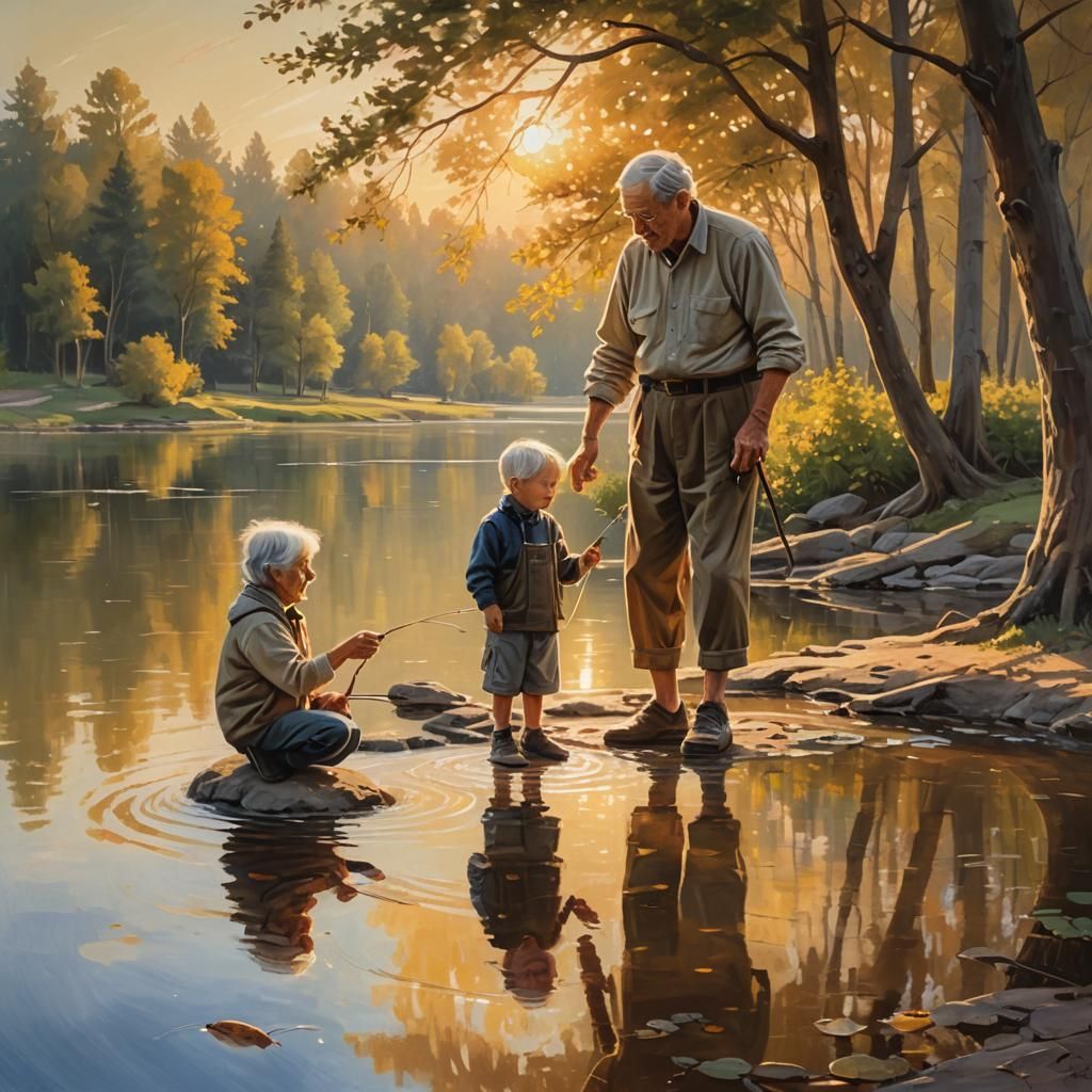 Heartwarming Oil Painting of Generational Wisdom at Sunset