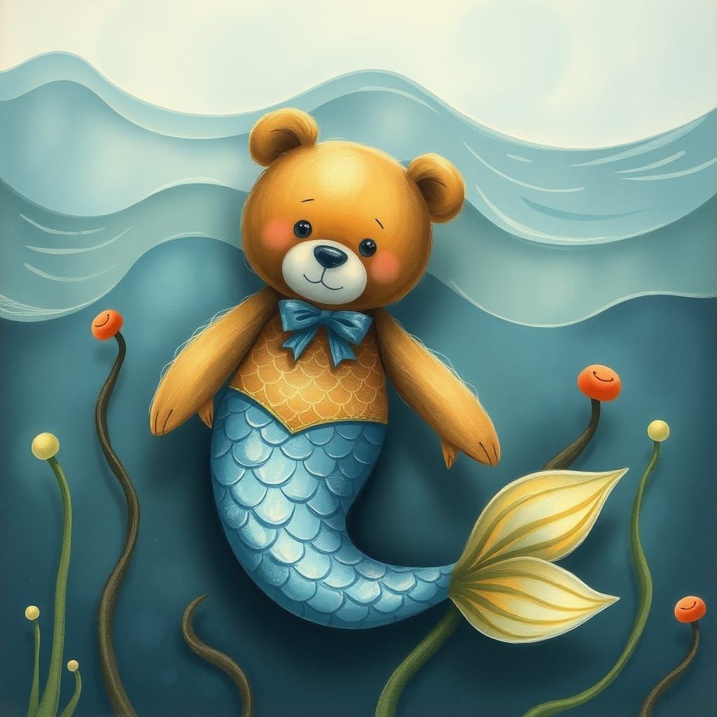 Enchanting Mermaid-Teddy Bear Hybrid in Watercolor Style