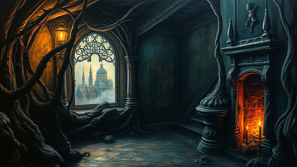 Eerie Haunted House Interior in Impasto Style