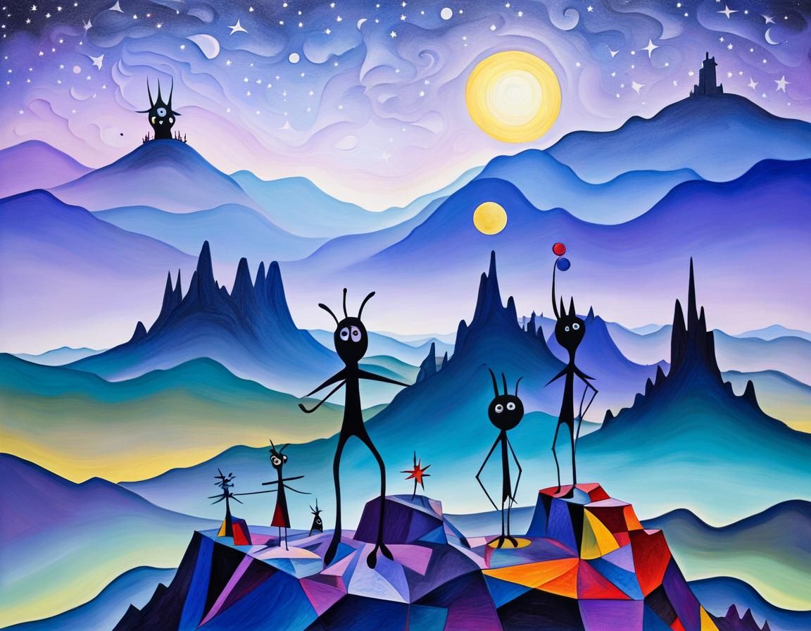 Three strange creatures standing on a mountain peak, black s...