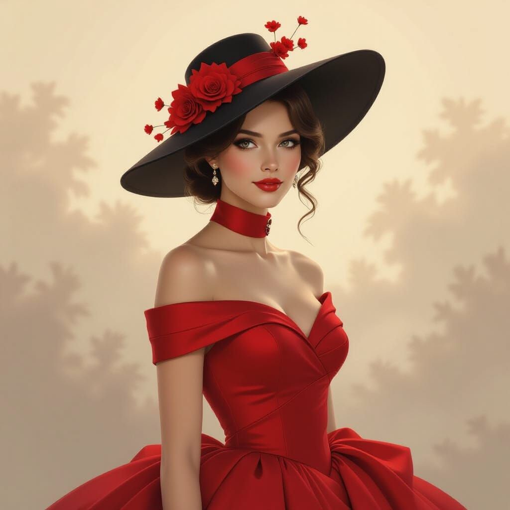 Elegant Lady in Red Hat in Ethereal Mist