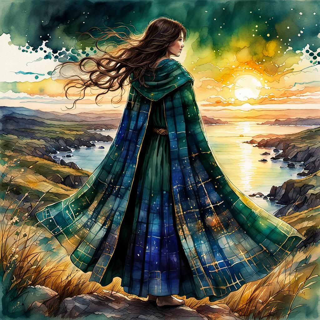 Woman Gazing at Sunset: Watercolor Fairytale Art