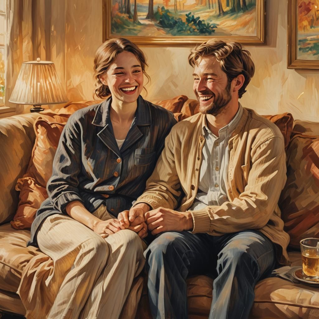 Cozy Couple Laughing in Impressionistic Living Room