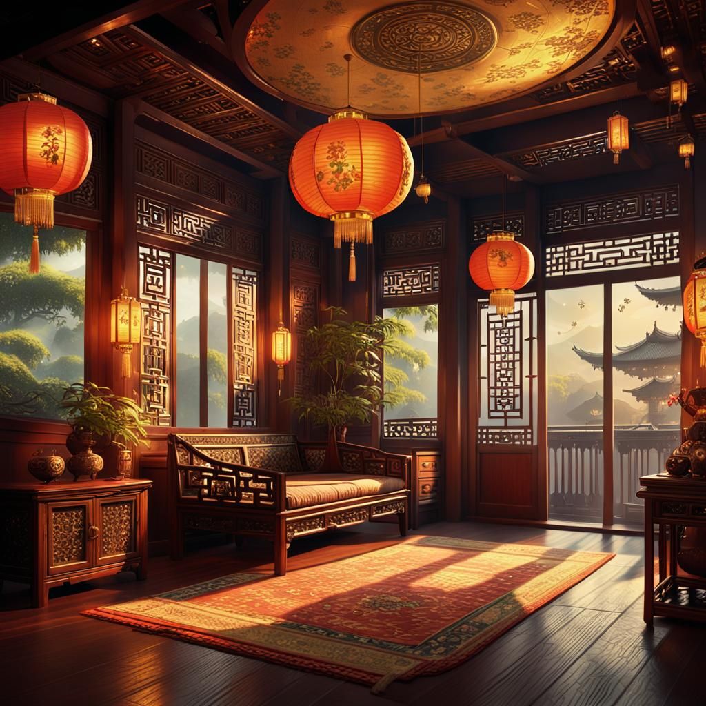 Ornate Chinese Room with Lanterns in Fantasy Style
