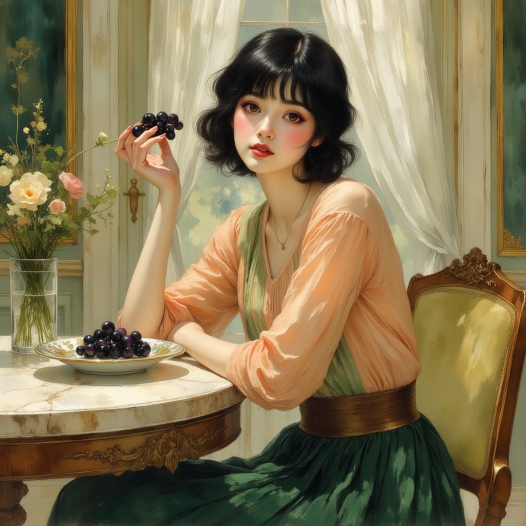 Woman with Grapes in Art Nouveau Style