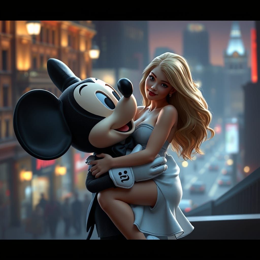 Mickey Mouse Carries Woman in Cityscape: 3D Digital Art