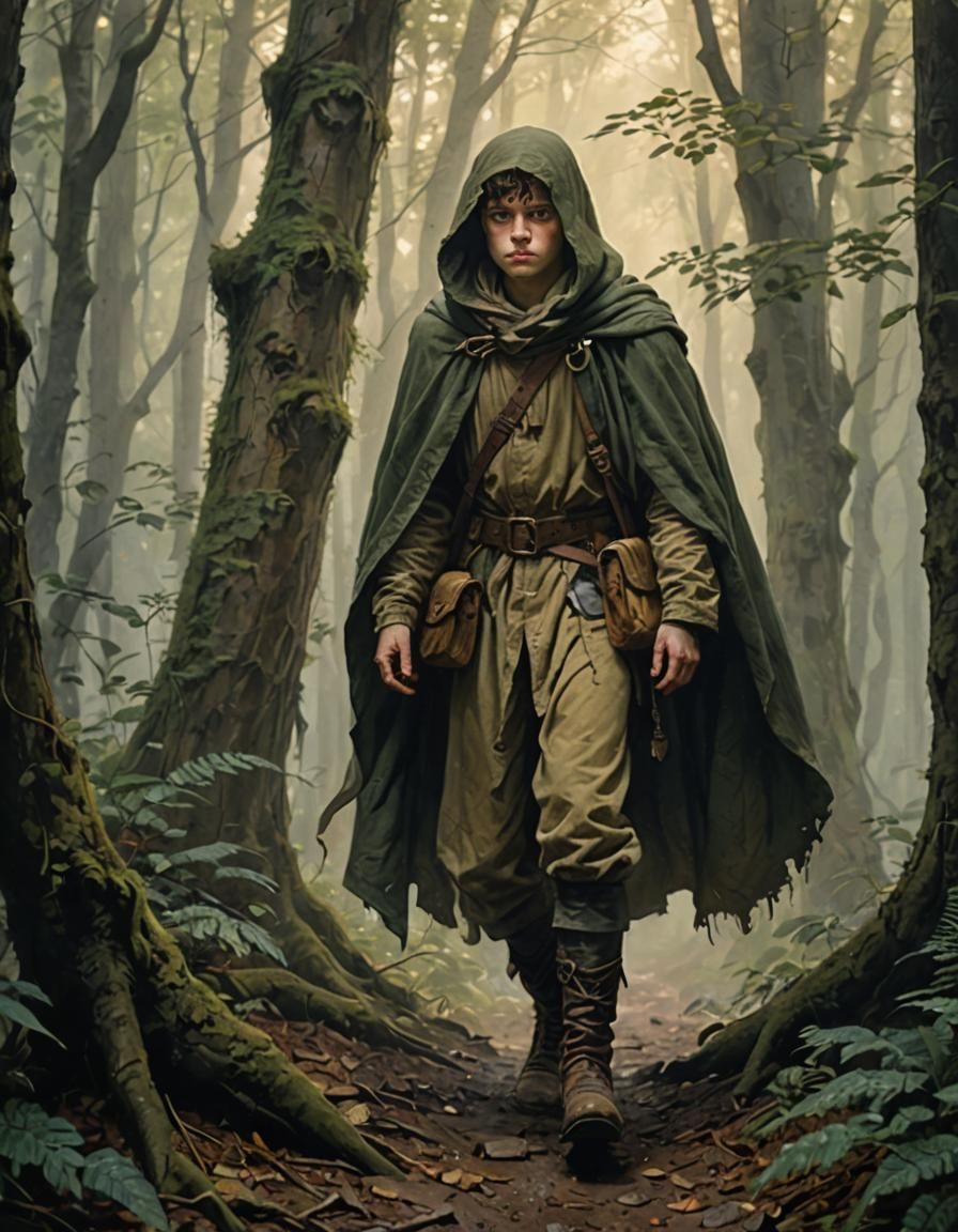 Weary Adventurer in Misty Forest, Atmospheric Digital Art