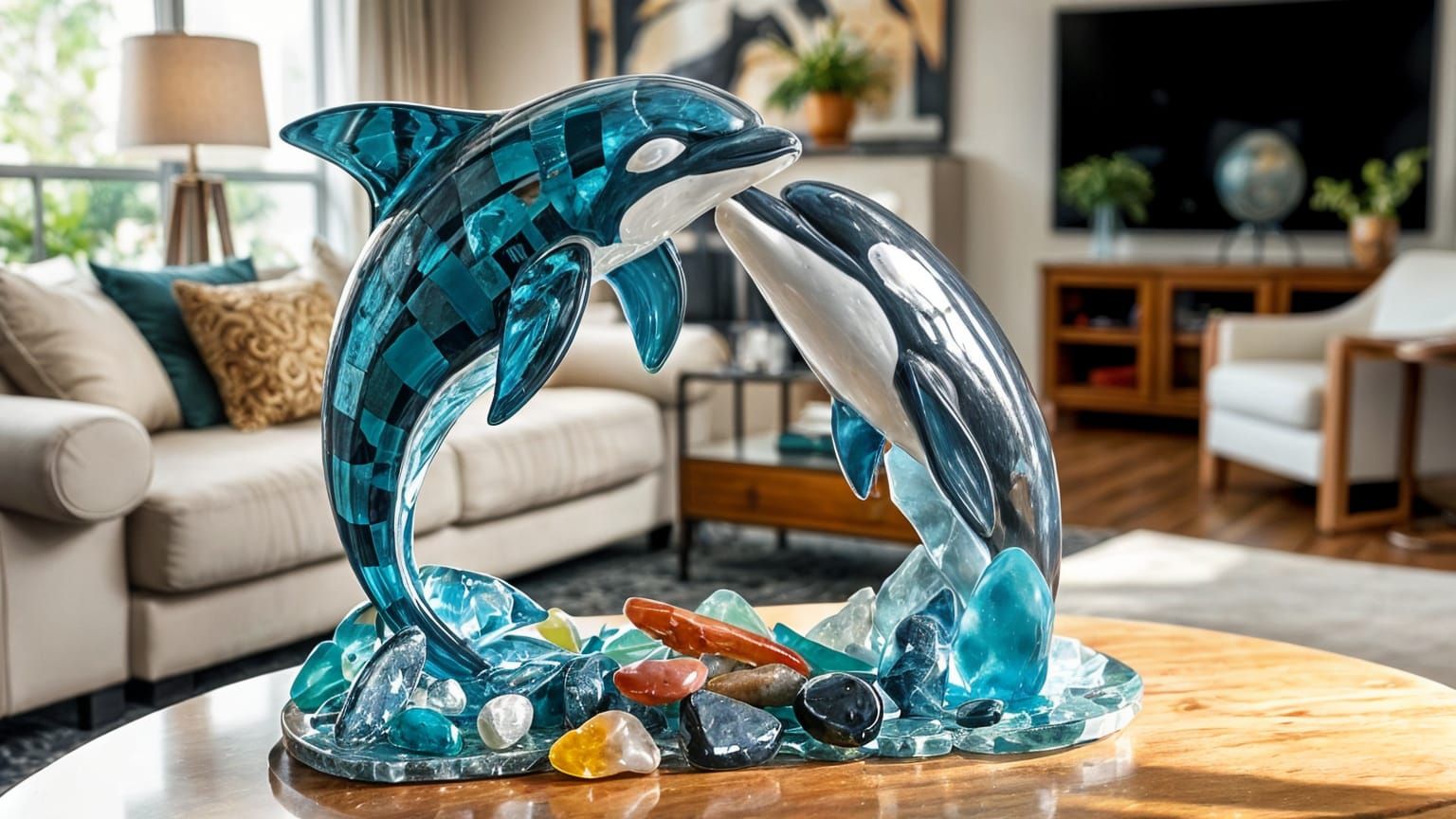 Dolphin and Orca Sea Glass Sculpture