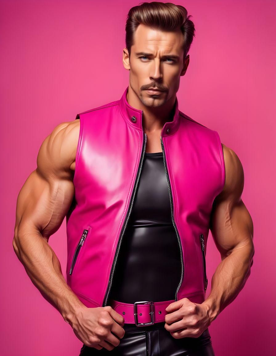 Supermuscular Model in Fuchsia Leather Vest, Tom of Finland ...