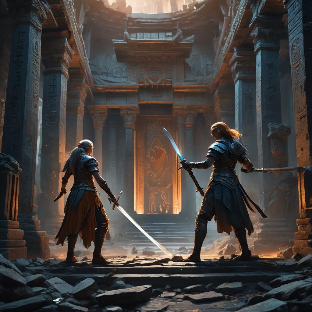 Epic Fantasy Warriors Clash in Mystical Temple