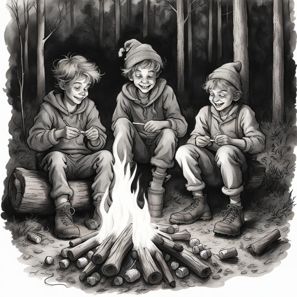 two brothers roasting marshmallows at a campfire