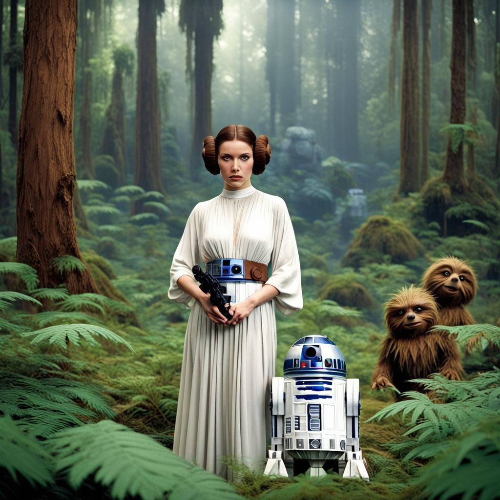 Princess Leia from starwars with R2D2 on a lush planet surfa...